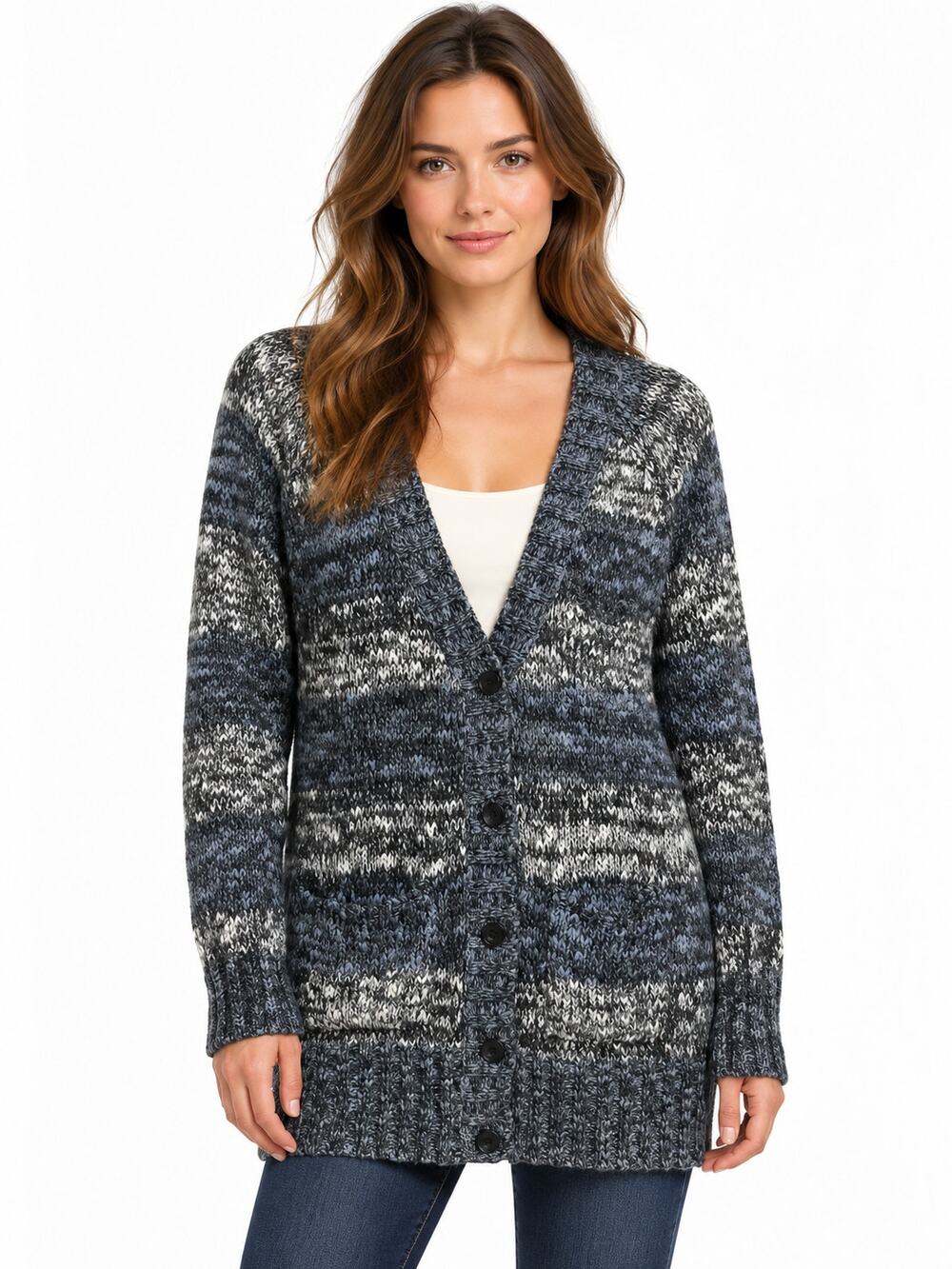 BDG Blue Gray Marled Knit Longline Button Front Cardigan with Pockets Size S